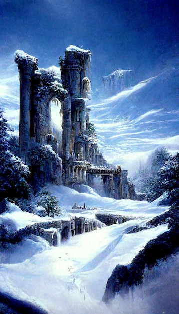 dipinto di un castello nella neve con un ponte e un ruscello ai