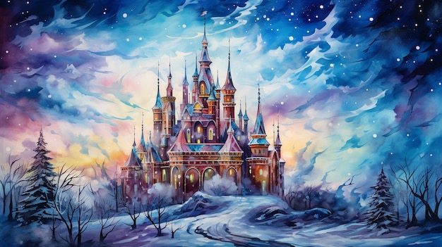 dipinto di un castello nella neve con uno sfondo celeste generativo ai