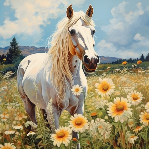 dipinto di un cavallo bianco in piedi in un campo di fiori generativo ai