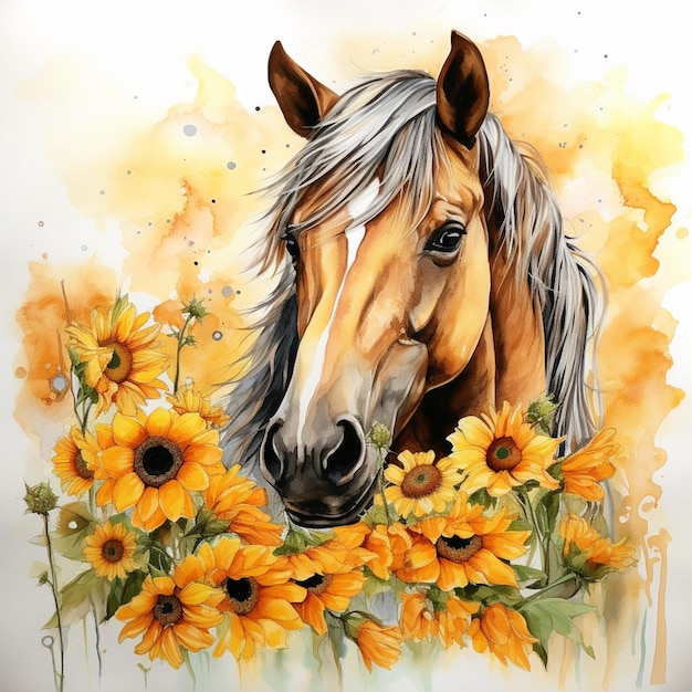 dipinto di un cavallo con girasoli e uno sfondo bianco generativo ai