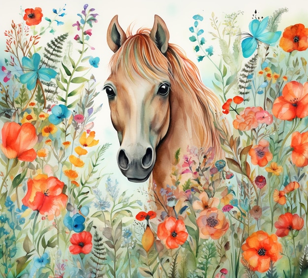 dipinto di un cavallo in un campo di fiori con farfalle generative ai