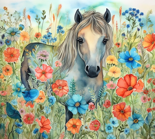dipinto di un cavallo in un campo di fiori con uno sfondo celeste generativo ai