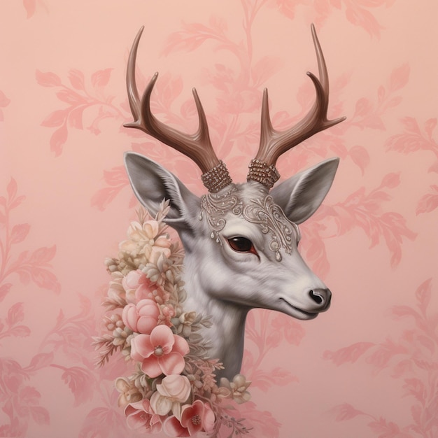 dipinto di un cervo con corna e fiori su una parete rosa generativa ai