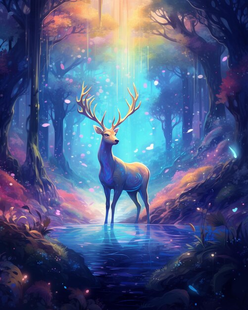 dipinto di un cervo in piedi in una foresta con un ruscello ai generativo