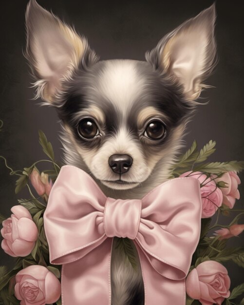 dipinto di un chihuahua con un arco rosa e rose generative ai