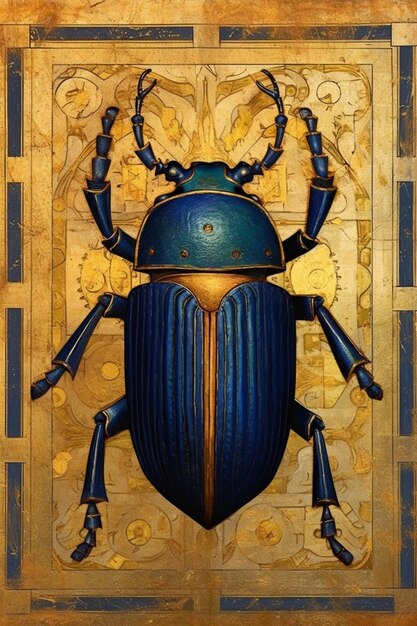 dipinto di un coleottero con un corpo blu e dorato e ali generative ai