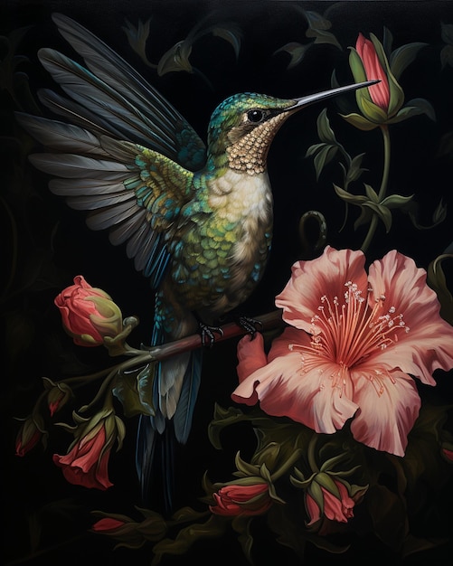 dipinto di un colibrì appostato su un ramo con fiori generativi ai