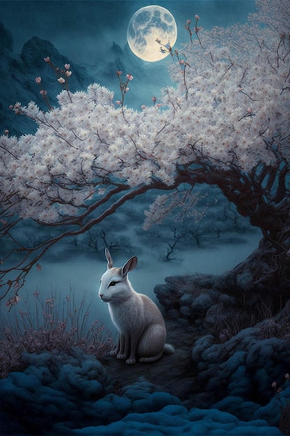 Dipinto di un coniglio bianco seduto sotto un albero generativo ai