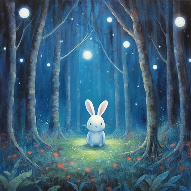 dipinto di un coniglio seduto in una foresta di notte generativo ai