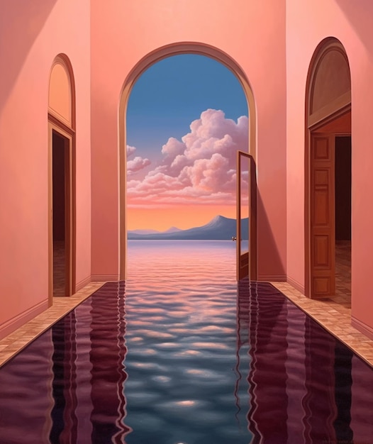 dipinto di un corridoio che conduce a una piscina con vista sull'oceano