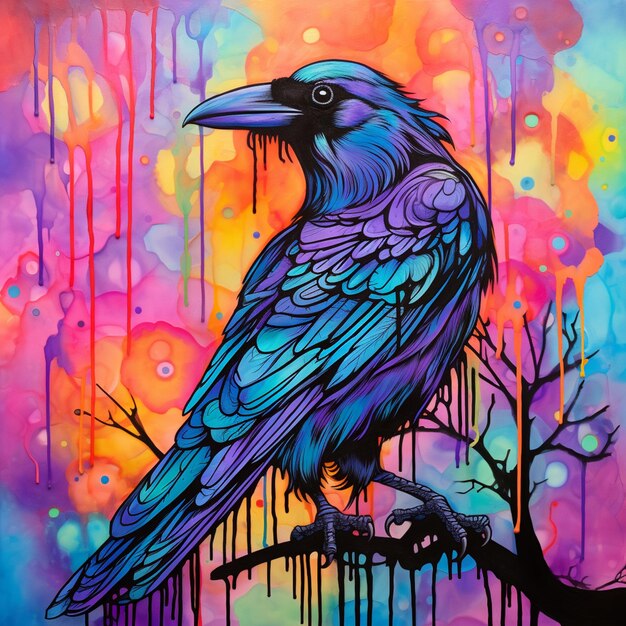 dipinto di un corvo seduto su un ramo con vernice gocciolante ai generativa