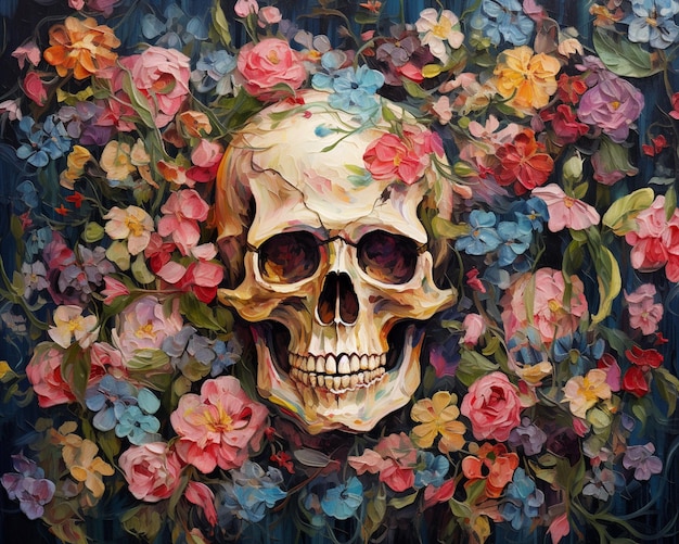dipinto di un cranio circondato da fiori su uno sfondo blu generativo ai