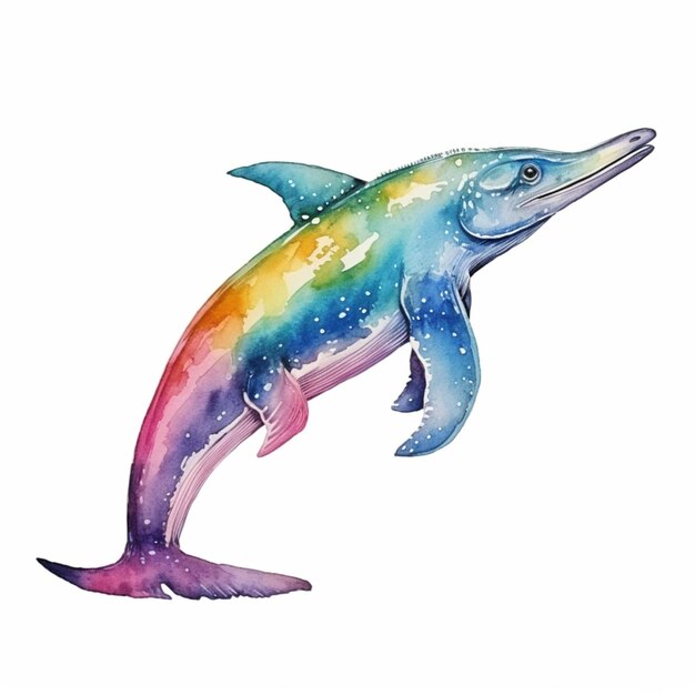 Dipinto di un delfino con corpo color arcobaleno e coda generativa ai