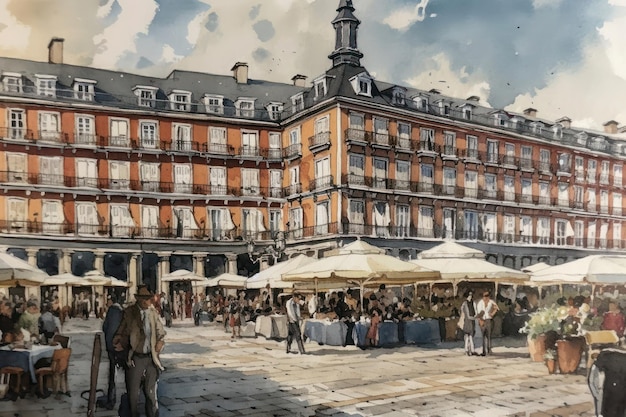 Dipinto di un disegno ad acquerello della Plaza Mayor di Madrid