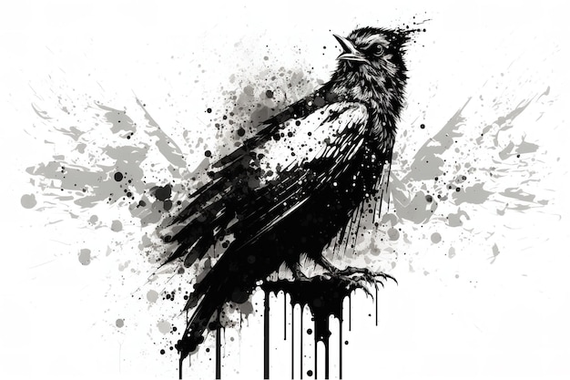 Dipinto di un disegno di gufo con pennello e inchiostro nero su sfondo bianco Uccelli Animali della fauna selvatica Illustrazione Generative AI
