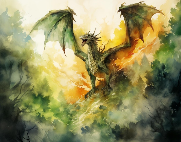 dipinto di un drago che vola in aria con un cielo giallo dietro di esso ai generativa