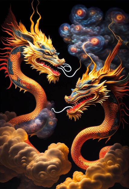 Dipinto di un drago con nuvole sullo sfondo generativo ai