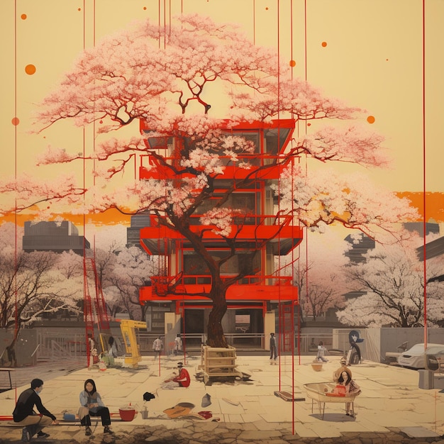 dipinto di un edificio rosso con un albero e persone sedute a terra generativo ai