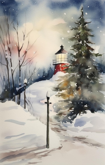 dipinto di un faro nella neve con un albero in primo piano ai generativo