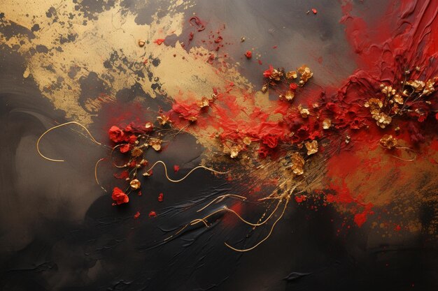 dipinto di un fiore rosso e dorato con foglie d'oro su uno sfondo nero generativo ai