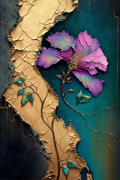 Dipinto di un fiore viola su un muro incrinato ai generativo