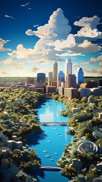dipinto di un fiume che attraversa una città con uno sfondo celeste generativo ai
