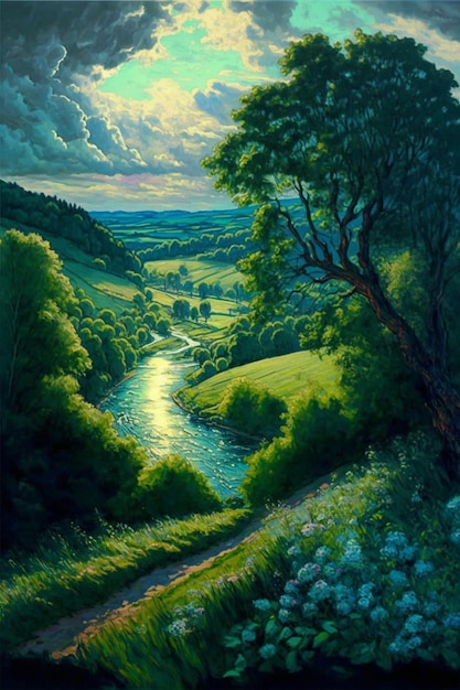 Dipinto di un fiume che scorre attraverso un lussureggiante campo verde generativo ai