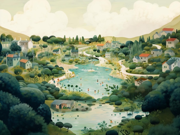 dipinto di un fiume che scorre attraverso una valle verde lussureggiante con case generative ai