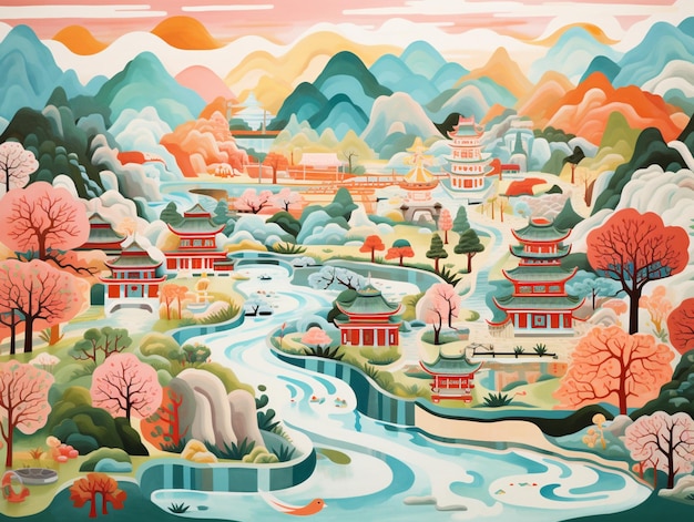 dipinto di un fiume che scorre attraverso una valle verde lussureggiante con una montagna sullo sfondo generativo ai