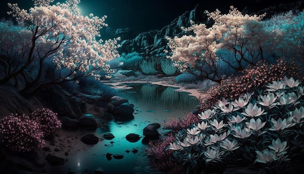 Dipinto di un fiume con fiori e alberi sullo sfondo generativo ai