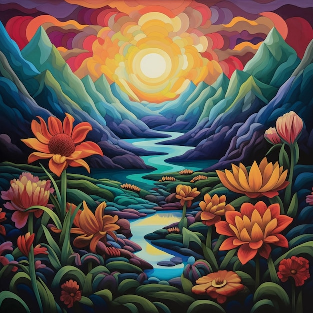 Dipinto di un fiume con fiori e montagne sullo sfondo generativo ai