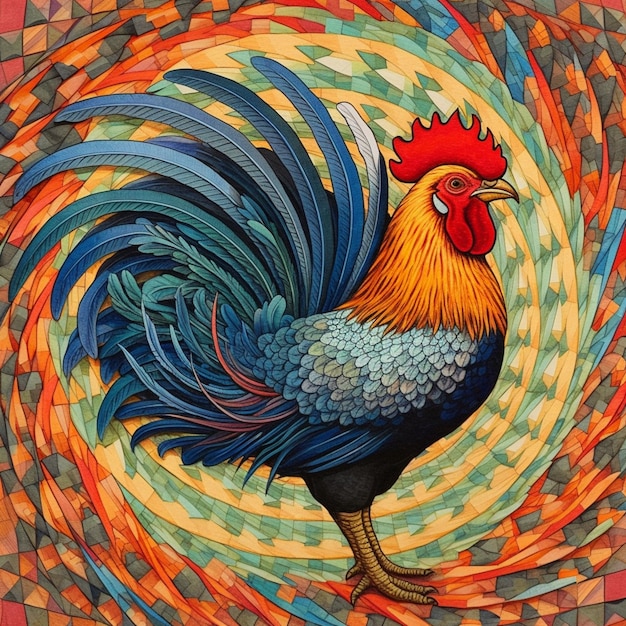 dipinto di un gallo con un vortice colorato sullo sfondo ai generativo
