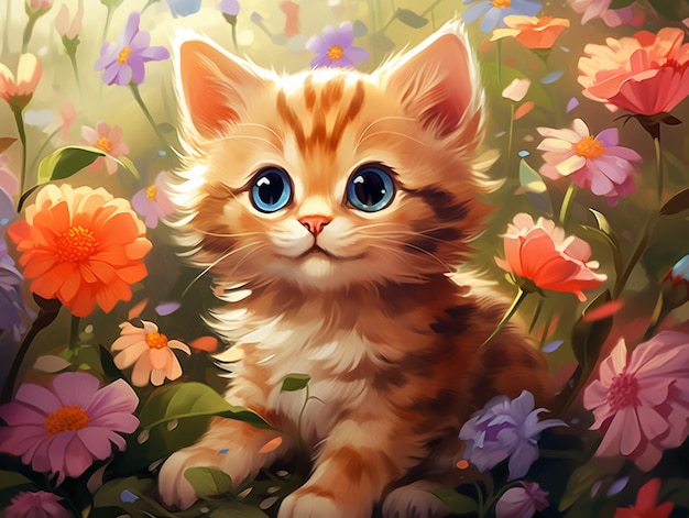 dipinto di un gattino in un campo di fiori con un occhio blu brillante generativo ai