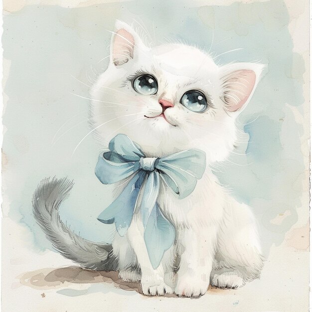 dipinto di un gatto bianco con un arco blu sul collo generativo ai
