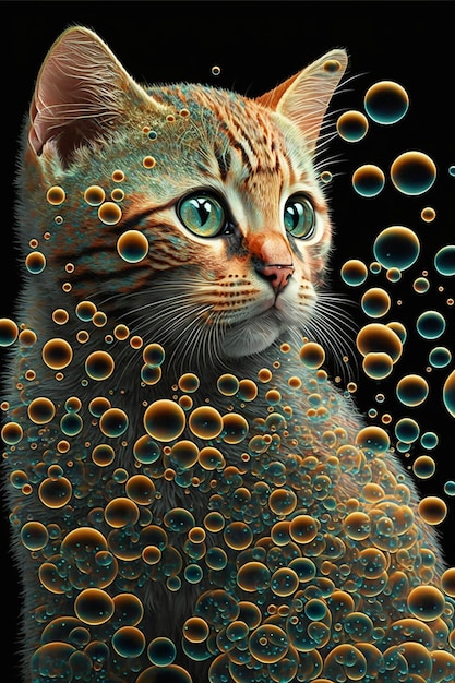 Dipinto di un gatto circondato da bolle generative ai