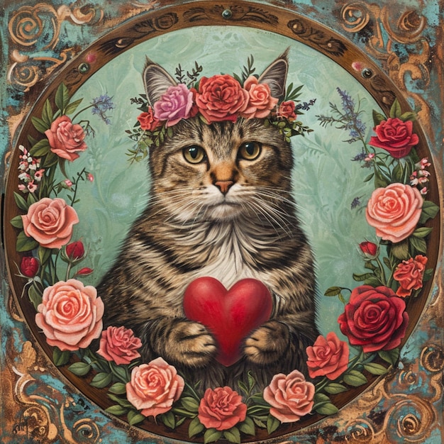 dipinto di un gatto con un cuore circondato da rose e foglie generative ai