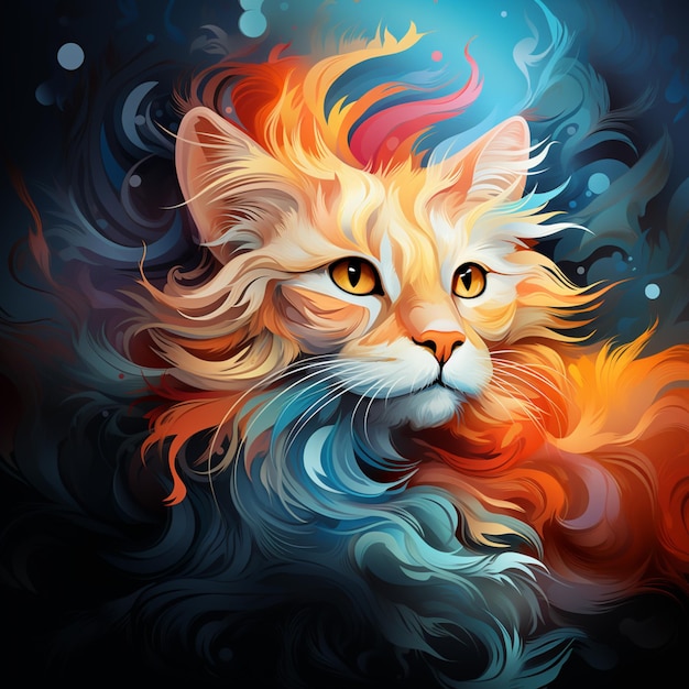dipinto di un gatto con una criniera colorata e uno sfondo blu ai creativo