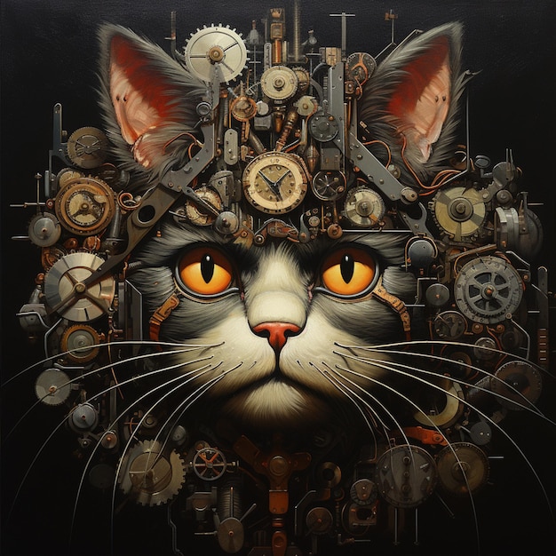 dipinto di un gatto con una testa di orologio fatta di ingranaggi generativi ai