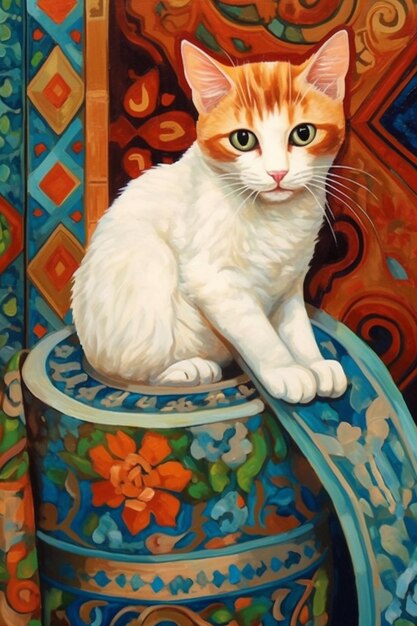 Dipinto di un gatto seduto su una sedia colorata con uno sfondo blu e arancione generativo ai