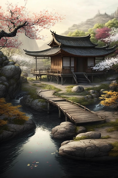 Dipinto di un giardino giapponese con ponte generativo ai
