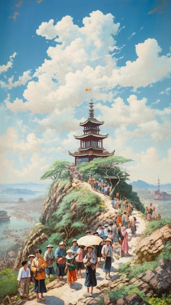 Dipinto di un gruppo di persone che camminano su una collina con una pagoda sullo sfondo ai generativa