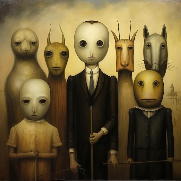 dipinto di un gruppo di persone con maschere e animali ai creativi