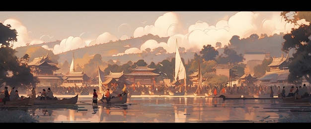 dipinto di un gruppo di persone su una barca in un lago ai generativa