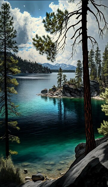 Dipinto di un lago circondato da alberi generativi ai