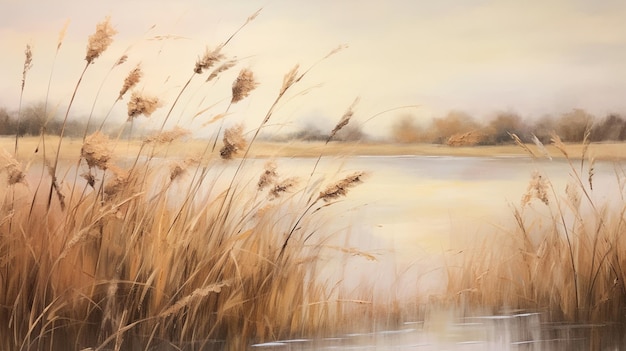 dipinto di un lago con canne e uno sfondo celeste generativo ai