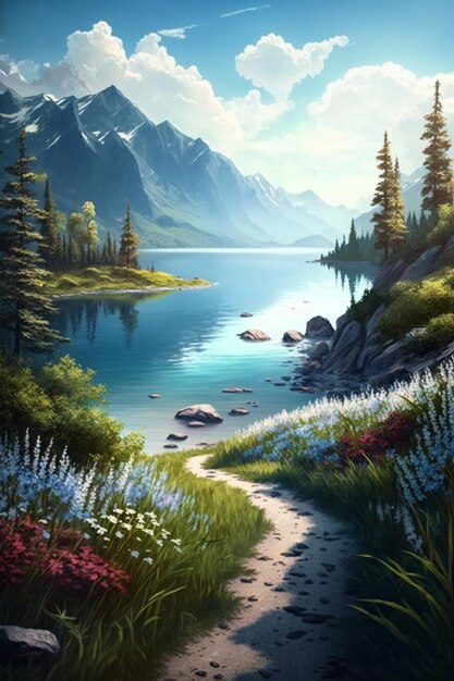Dipinto di un lago di montagna circondato da alberi generativi ai