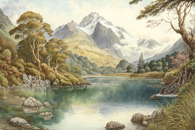 Dipinto di un lago di montagna con una catena montuosa sullo sfondo generativo ai