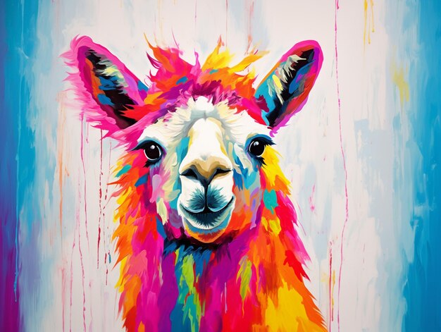 dipinto di un lama con una faccia colorata su uno sfondo blu generativo ai