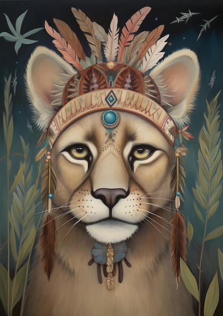 dipinto di un leone che indossa un copricapo nativo con piume ai generative