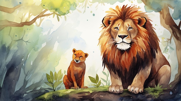 Dipinto di un leone e di un cucciolo seduto su una roccia in una foresta generativa ai